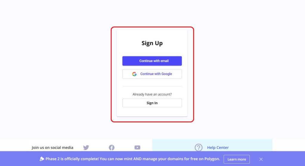 Sign up step for Unstoppable Domains